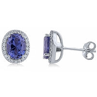 Sterling Silver Blue Oval and Cubic Zirconia Earrings