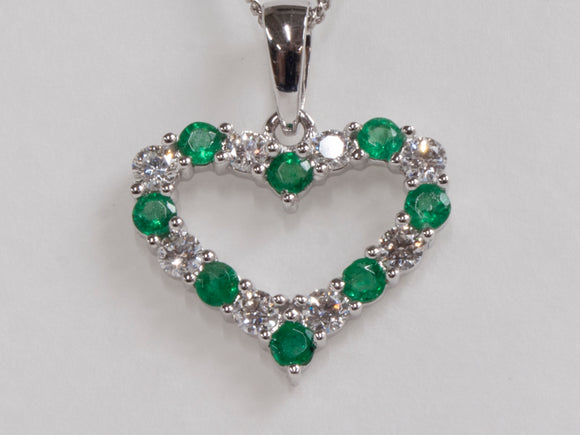 14K White Gold Emerald & Diamond Heart Pendant