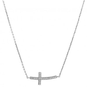 Sterling Silver Curved Cross Necklace with CZ