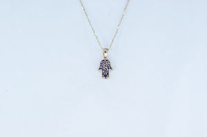 10k Yellow Gold Blue accent Hand of Fatima Necklace Availabel at The Vault Fine Jewellery 