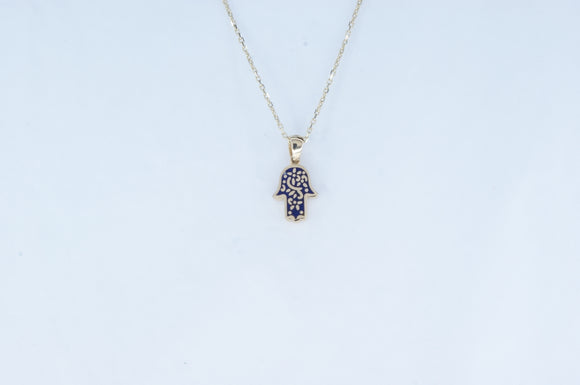10k Yellow Gold Blue accent Hand of Fatima Necklace Availabel at The Vault Fine Jewellery 