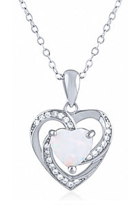 Sterling Silver Opal and Cubic Zirconia Heart Pendant