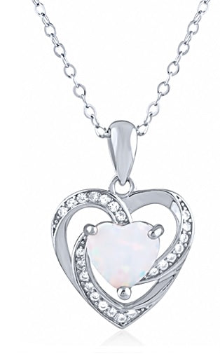 Sterling Silver Opal and Cubic Zirconia Heart Pendant
