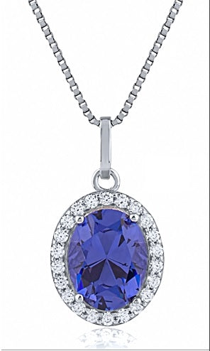 Sterling Silver Synthetic Oval Tanzanite with CZ Halo