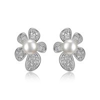 Sterling Silver Pearl and CZ Flower Stud Earrings