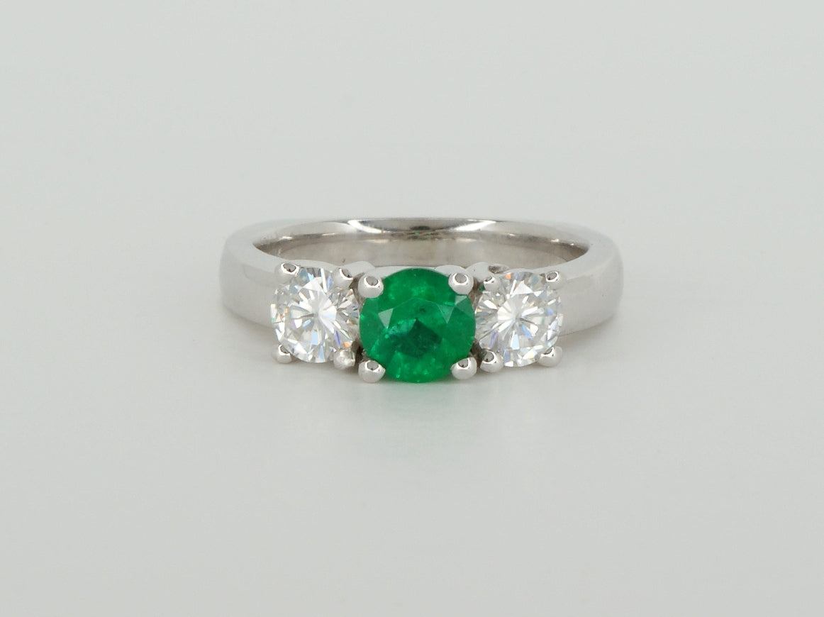 Three Gem Moissanite Emerald Custom Ring Availabel at The Vault Fine Jewellery 