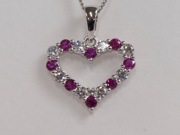 14K White Gold Ruby & Diamond Heart Pendant