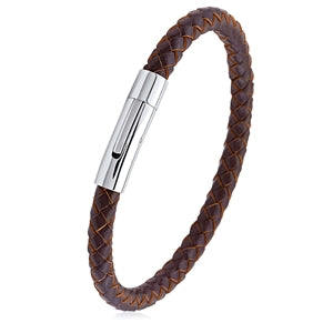 Brown Braided Leather Bracelet with Magnetic Clasp
