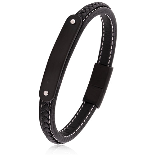 Men's Black Braided Leather ID Bracelet with Magnetic Clasp