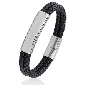 Black Braided Leather ID Bracelet with Magnetic Clasp