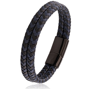 Blue/Black Braided Leather Bracelet with Magnetic Clasp