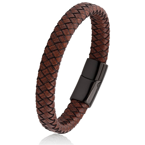 Men's Brown Braided Leather Bracelet with Magnetic Clasp