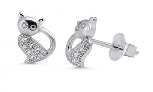 Sterling Silver Cat Shaped Studs with Cubic Zirconia
