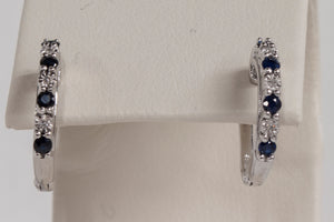 14K Genuine Diamond and Blue Sapphire Hoop Earrings
