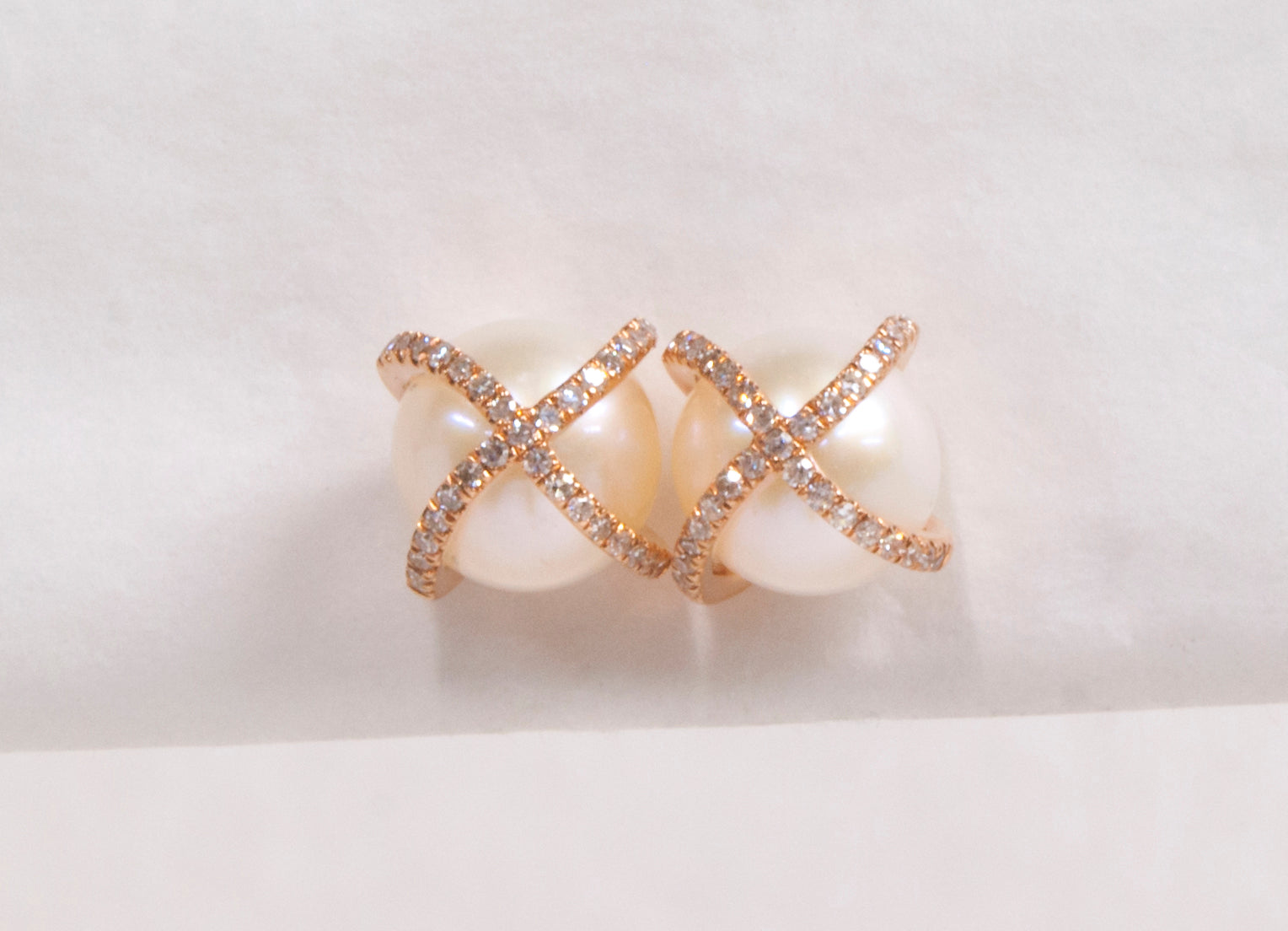 14K Rose Gold Pearl and Diamond Earrings by Miss Mimi