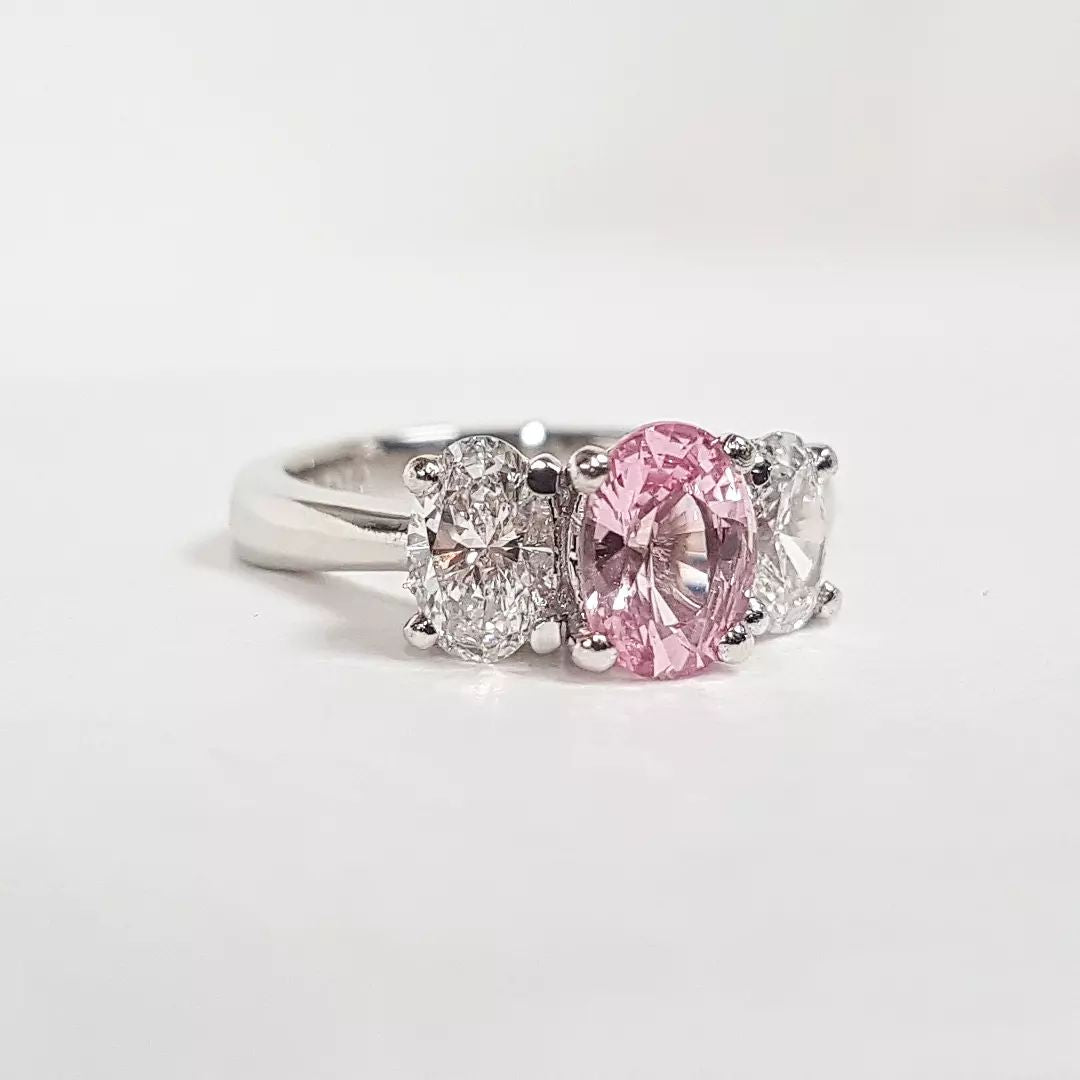 Platinum Pink Sapphire and Lab Created Diamond Trinity Ring
