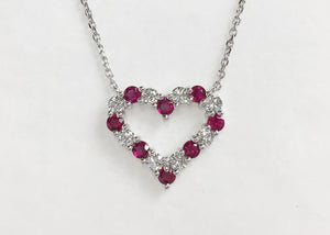 14K White Gold Ruby & Diamond Heart Necklace