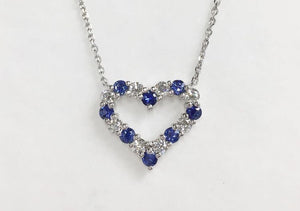14K White Gold Blue Sapphire & Diamond Heart Necklace
