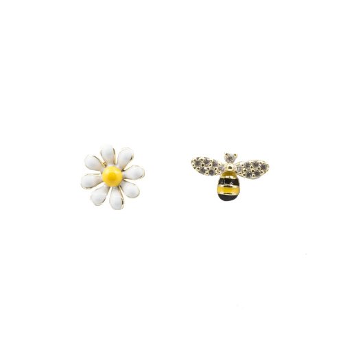 Gold Plated Sterling Silver Mis-Matched Bee and Flower Stud Earrings